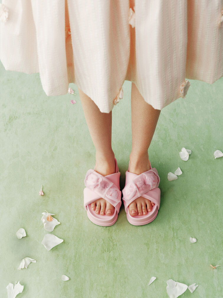 Satin Flower-Applique Crossover Sandals, Light Pink, hi-res