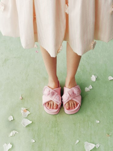 Satin Flower-Applique Crossover Sandals, Light Pink, hi-res