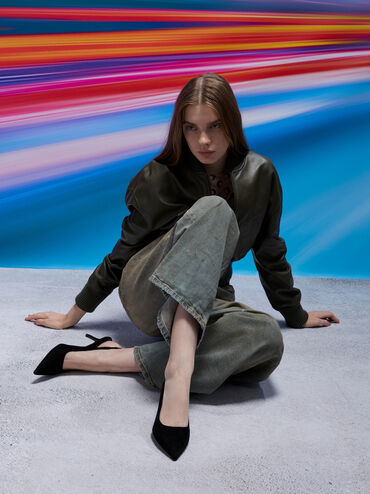 Kaia Faux Suede Pointed-Toe Slingback Pumps, Black Textured, hi-res