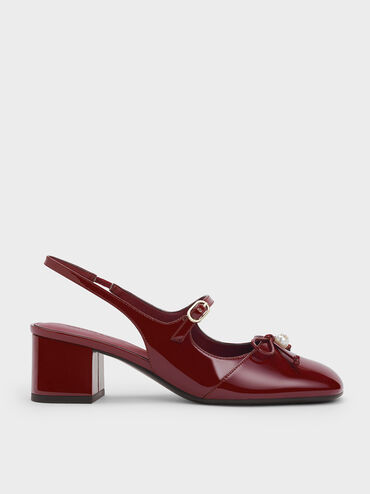 Patent Bow Crystal-Pearl Slingback Mary Jane Pumps, Burgundy, hi-res