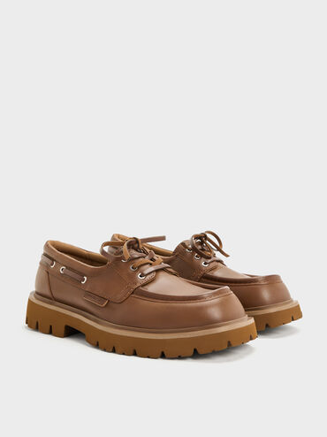Ridged-Sole Boat Shoes, Cognac, hi-res