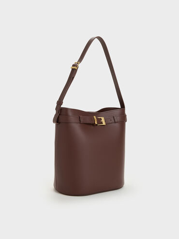 Jody Leather Belted Bucket Bag, Brown, hi-res