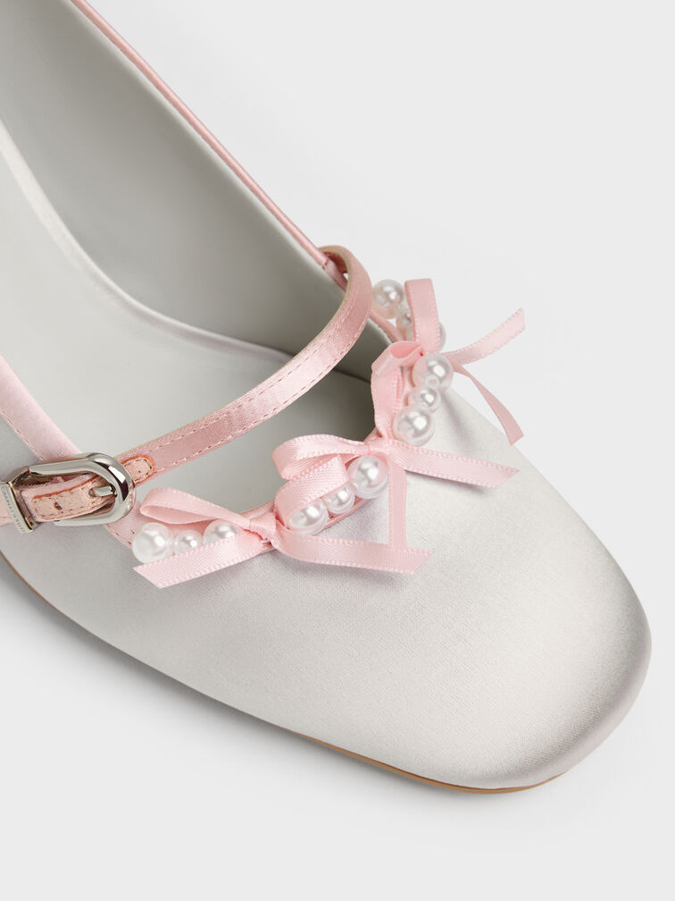 Noelie Satin Pearl-Bow Mary Jane Pumps, Silver, hi-res