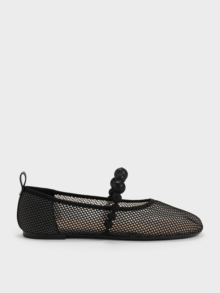 Leather Mesh Beaded Mary Jane Flats, Black Textured, hi-res