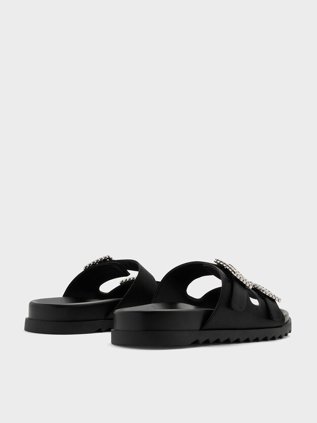 Gem-Buckle Double-Strap Sandals, Black Textured, hi-res