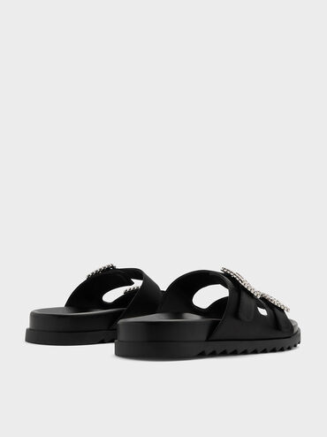 Recycled Polyester Gem-Buckle Double-Strap Sandals, Black Textured, hi-res