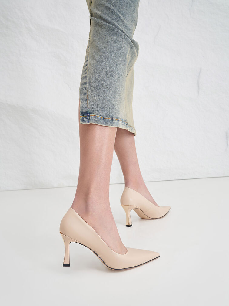 Flared Heel Pointed-Toe Pumps, Nude, hi-res