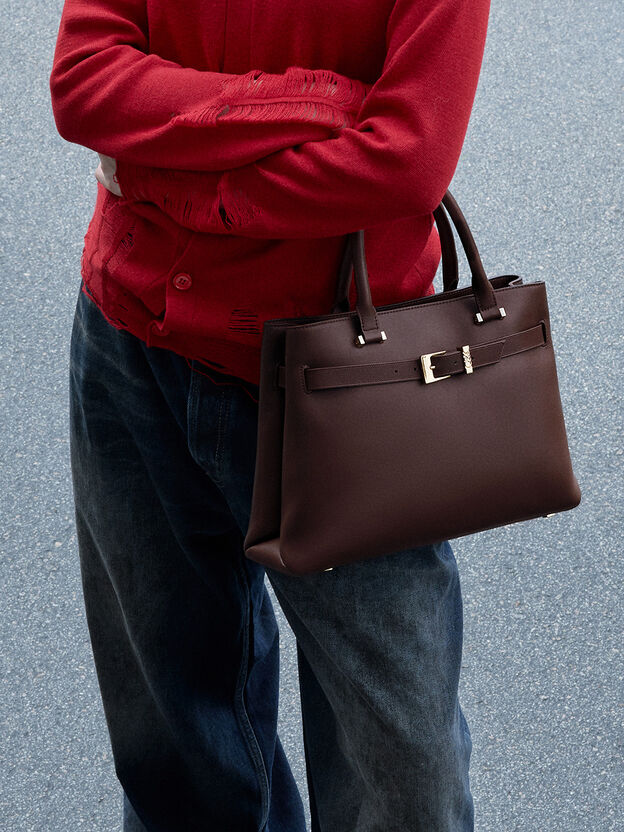 Voyager Leather Belted Tote Bag, Dark Brown, hi-res