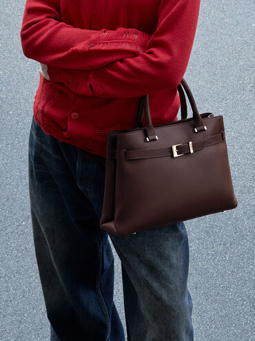 Voyager Leather Belted Trapeze Tote Bag, Dark Brown, hi-res