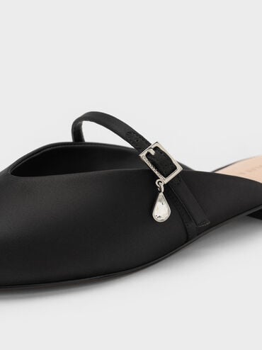 Satin Teardrop-Crystal Flat Mules, Black Textured, hi-res