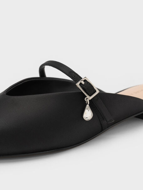 Teardrop-Crystal Flat Mules, Black Textured, hi-res