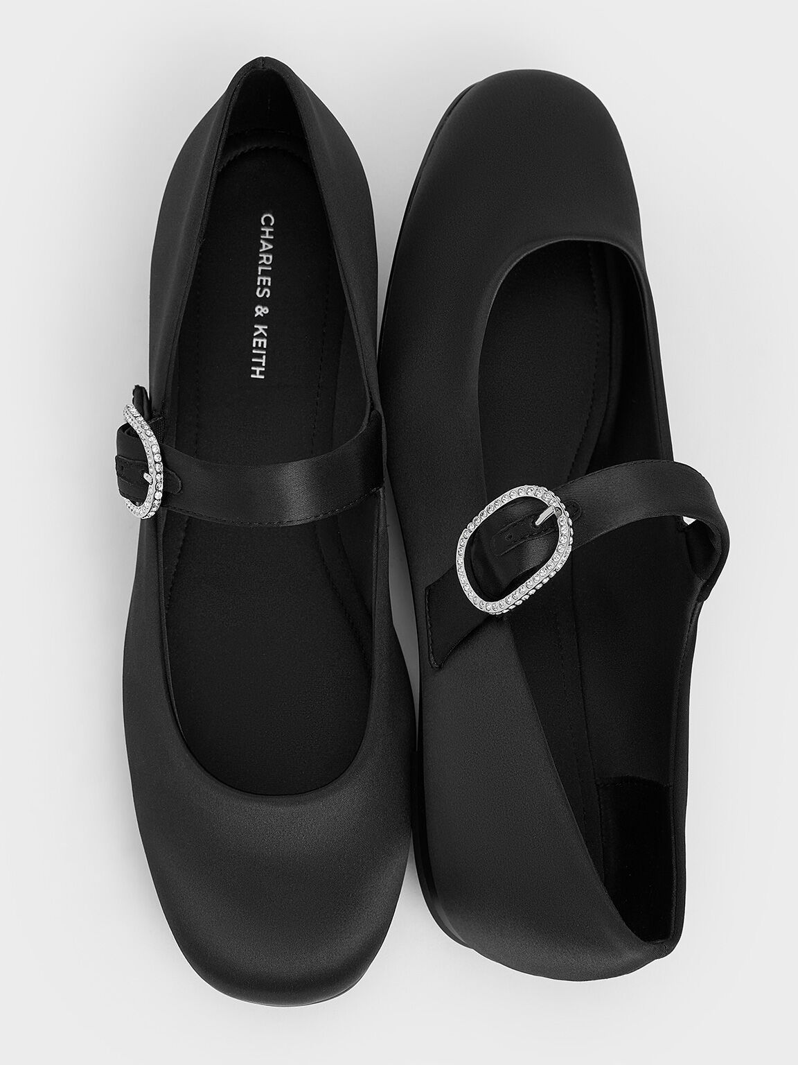 Black Textured Jannie Satin Crystal-Buckle Mary Janes - CHARLES
