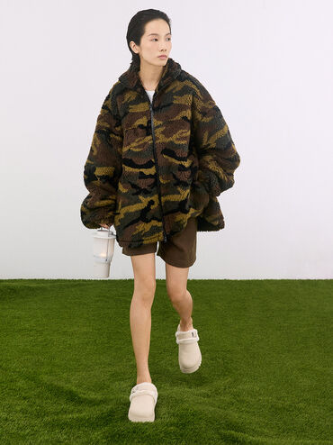 Hannah Textured Fur-Trim Buckled Mules, Beige, hi-res