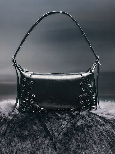 Xylia Grommet Lace-Up Shoulder Bag, Noir, hi-res