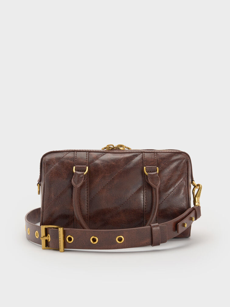 Philomena Panelled Chain-Handle Bowling Bag, Distressed Coffee, hi-res