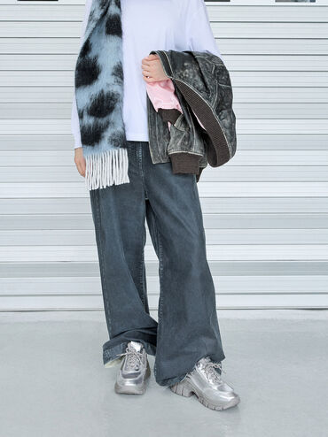 Yunna Metallic Leather & Recycled Fabric Chunky Sneakers, Silver, hi-res