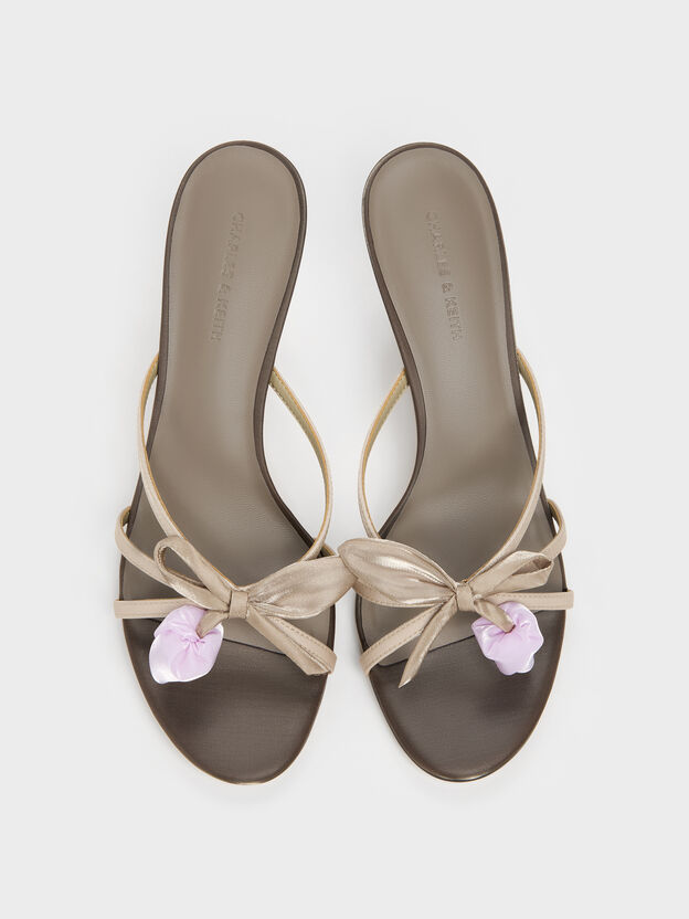 Bow Flower-Pearl Heeled Mules, Dark Brown Textured, hi-res