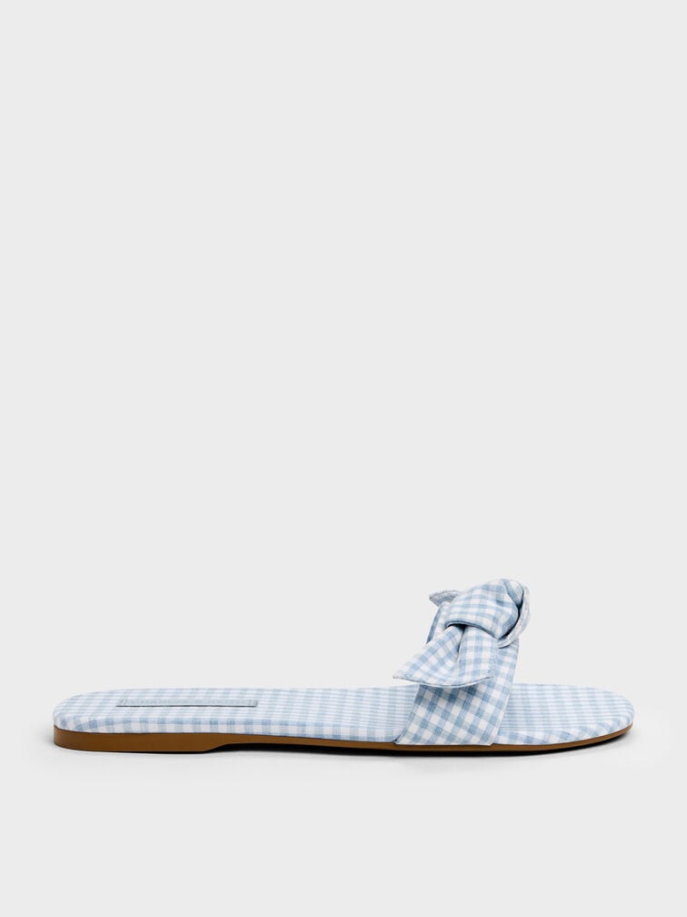 Anika Gingham Knot-Bow Slides, Light Blue, hi-res