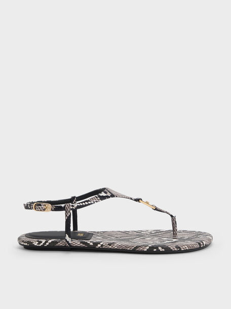 Leather Snake-Print T-Bar Thong Sandals, Animal Print Grey, hi-res