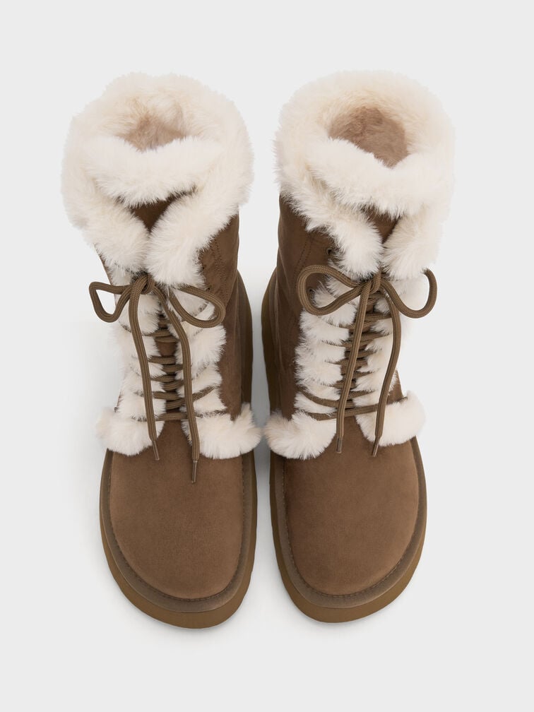 Faux Suede & Faux Fur Foldover Flatform Boots, Brown, hi-res