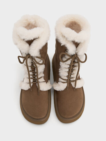 Faux Suede & Faux Fur Foldover Flatform Boots, Brown, hi-res