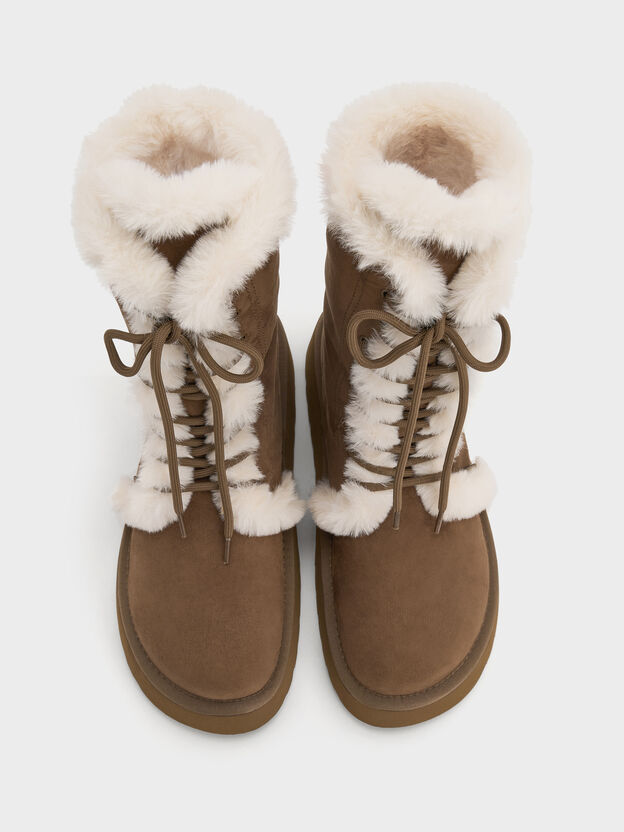 Faux Suede & Faux Fur Flatform Boots, Brown, hi-res