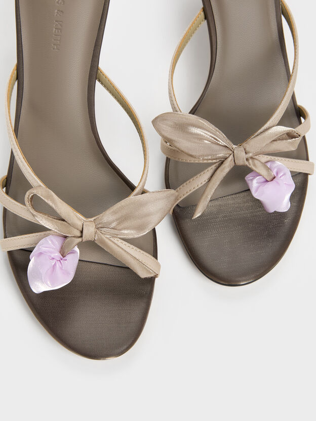 Bow Flower-Pearl Heeled Mules, Dark Brown Textured, hi-res