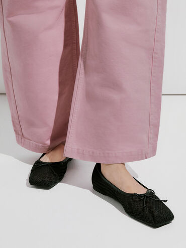 Mesh Square-Toe Bow Ballet Flats, Black Textured, hi-res