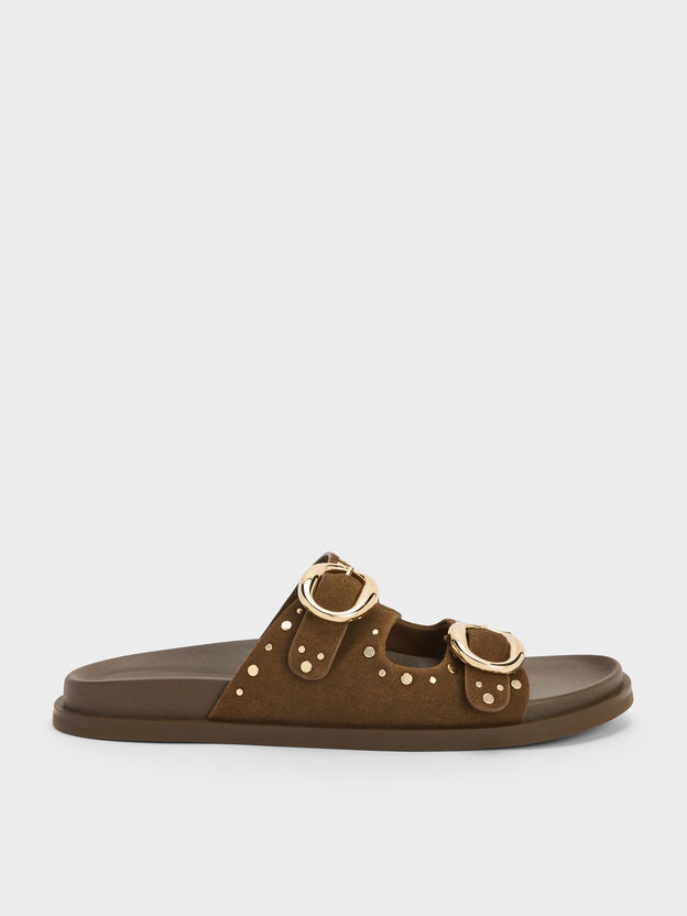 Studded Buckled Double-Strap Slides, Brown, hi-res