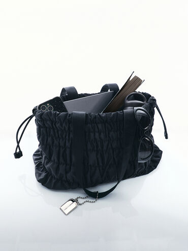 Klio Nylon Ruched Tote Bag, Noir, hi-res
