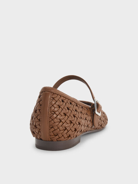 Woven Mary Jane Flats, Brown, hi-res