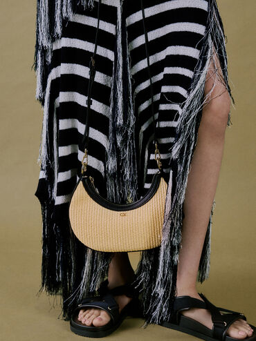 Leather & Raffia Crescent Hobo Bag, Neutral Raffia, hi-res