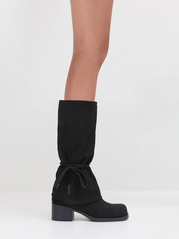 Faux Suede Tie-Around Knee-High Boots, Black Textured, hi-res