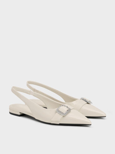 Patent Crystal-Buckle Pointed-Toe Slingback Flats, Chalk, hi-res