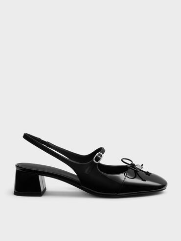 Patent Bow Slingback Pumps, Black Patent, hi-res