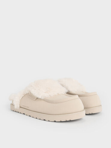 Textured Fur-Trim Flatform Mules, Beige, hi-res