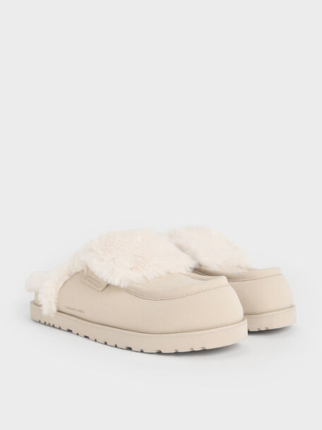 Textured Fur-Trim Flatform Mules, Beige, hi-res