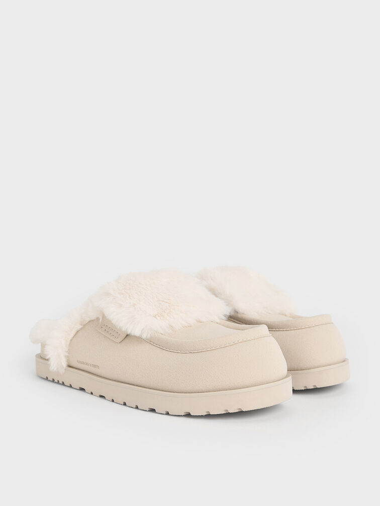 Textured Fur-Trim Flatform Mules, Beige Textured Fur-Trim Flatform Mules, Beige, hi-res