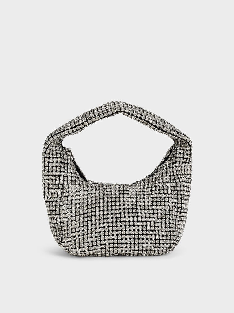 Crystal-Embellished Hobo Bag, Silver Crystal-Embellished Hobo Bag, Silver, hi-res