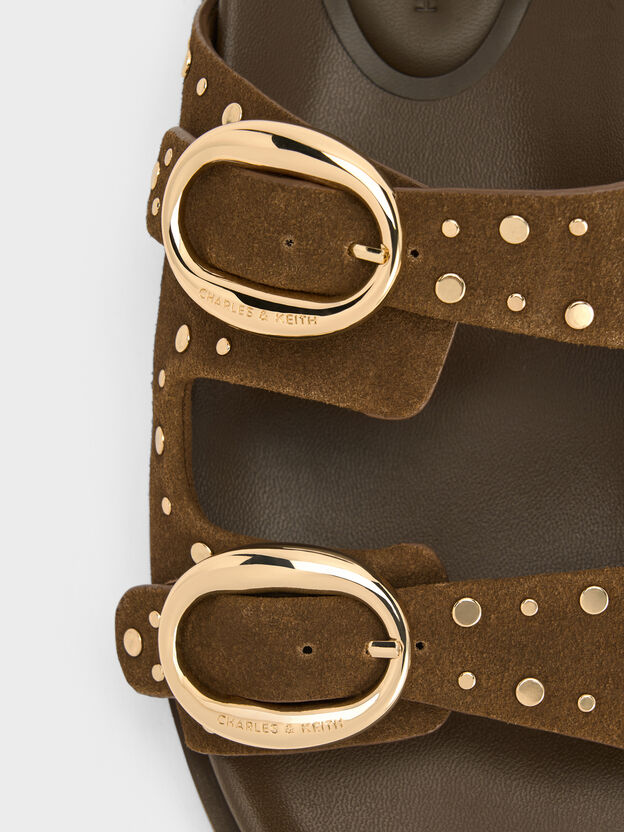 Studded Buckled Double-Strap Slides, Brown, hi-res