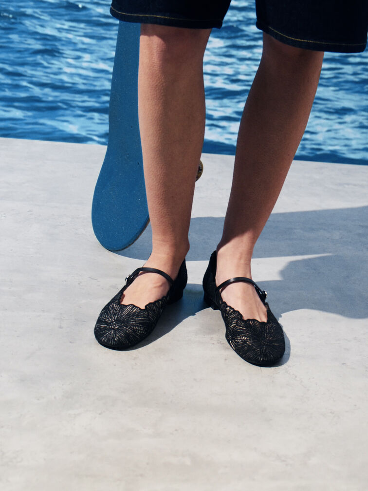 Meja Floral Mary Jane Flats, Black Textured, hi-res