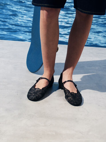 Meja Floral Mary Jane Flats, Black Textured, hi-res