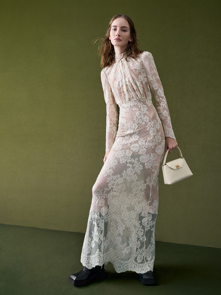 Arwen Croc-Effect Braided-Strap Top Handle Bag, Cream, hi-res