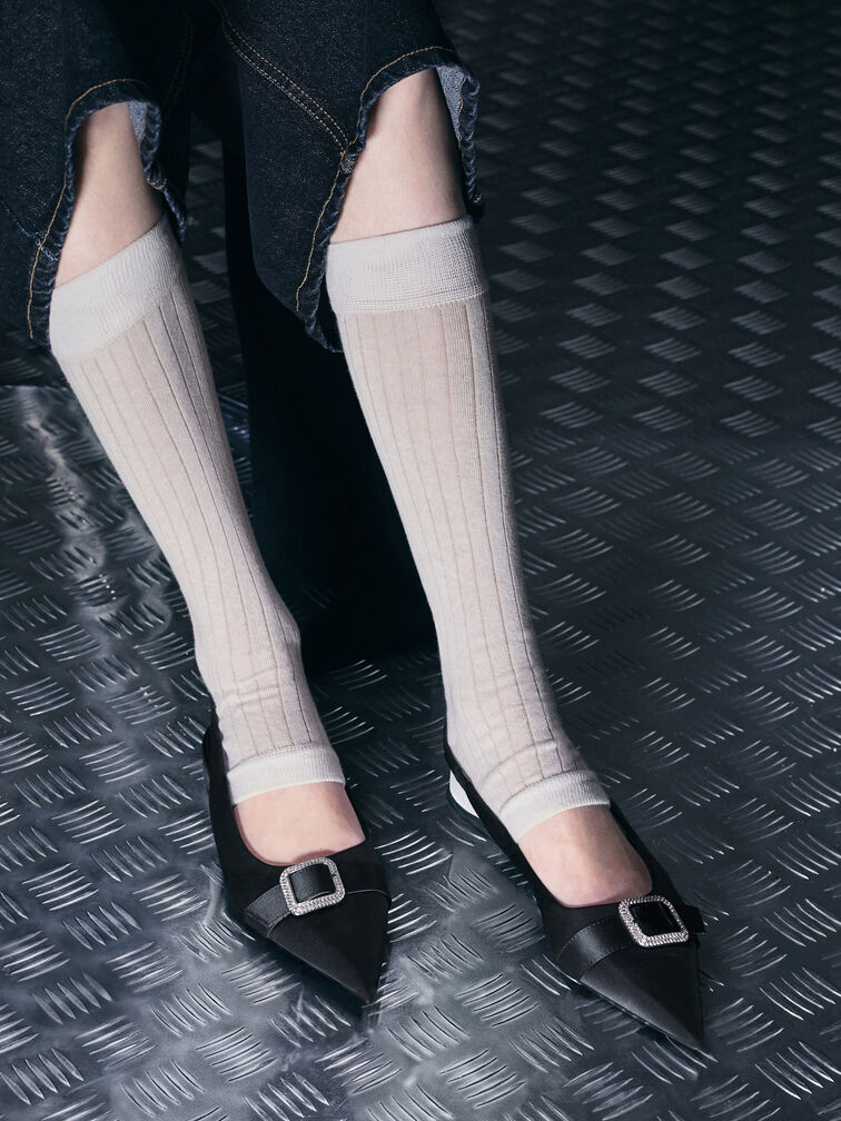 Satin Crystal-Buckle Pointed-Toe Slingback Flats, Black Textured, hi-res