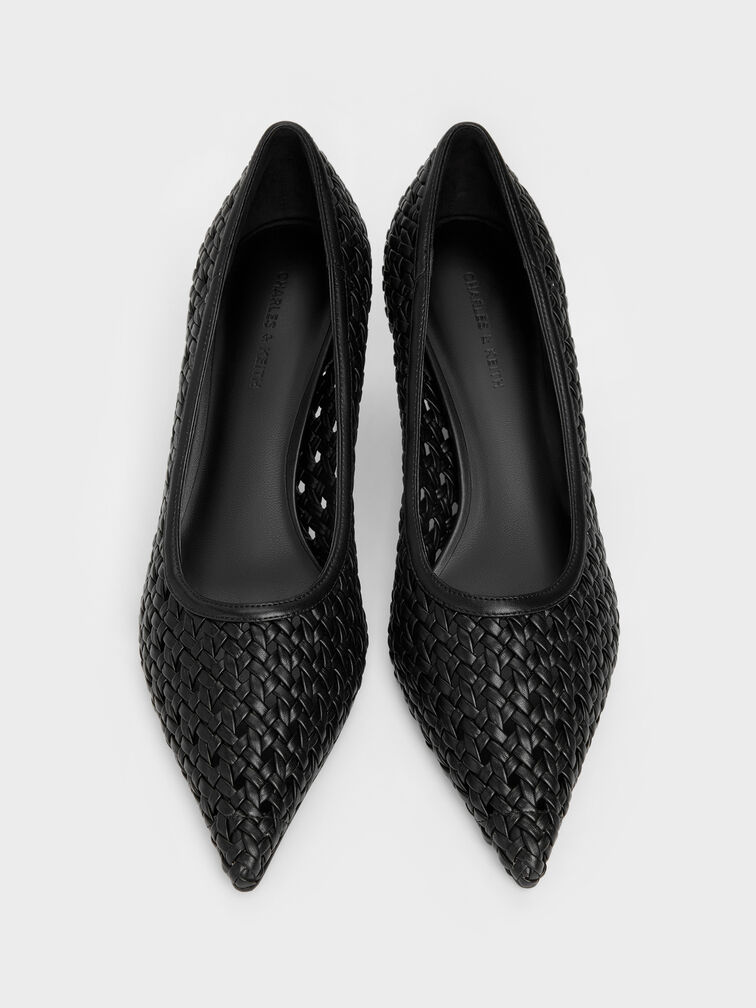 Woven Pointed Stiletto Pumps, Black, hi-res