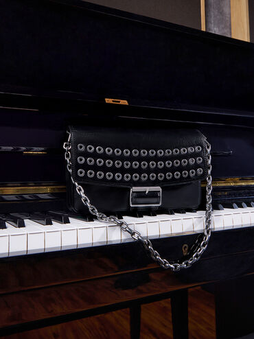 Liv Grommet Chain-Handle Shoulder Bag, Noir, hi-res