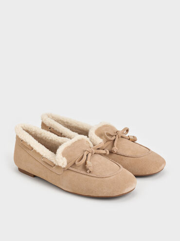Gavyn Suede Shearling-Lined Boat Shoes, Beige, hi-res