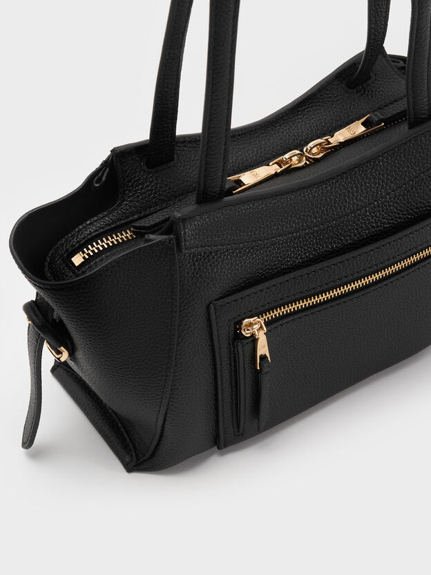 Leather Trapeze Tote Bag, Black, hi-res
