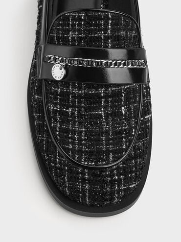 Tweed Braided-Chain Metallic-Accent Loafers, Black Textured, hi-res