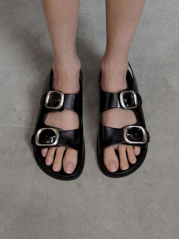 Buckled Double-Strap Slingback Sandals, Black Box, hi-res